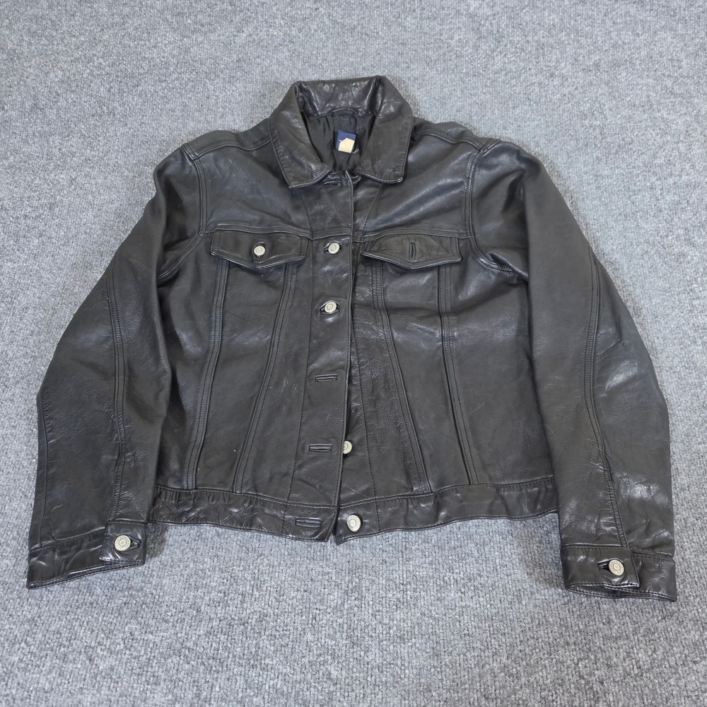 2000s Y2K GAP Womens Black Genuine Leather Trucker Jacket Large Button Front
